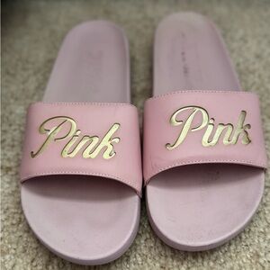 PINK Victoria's Secret Pale Pink Slide Sandals with Gold Script